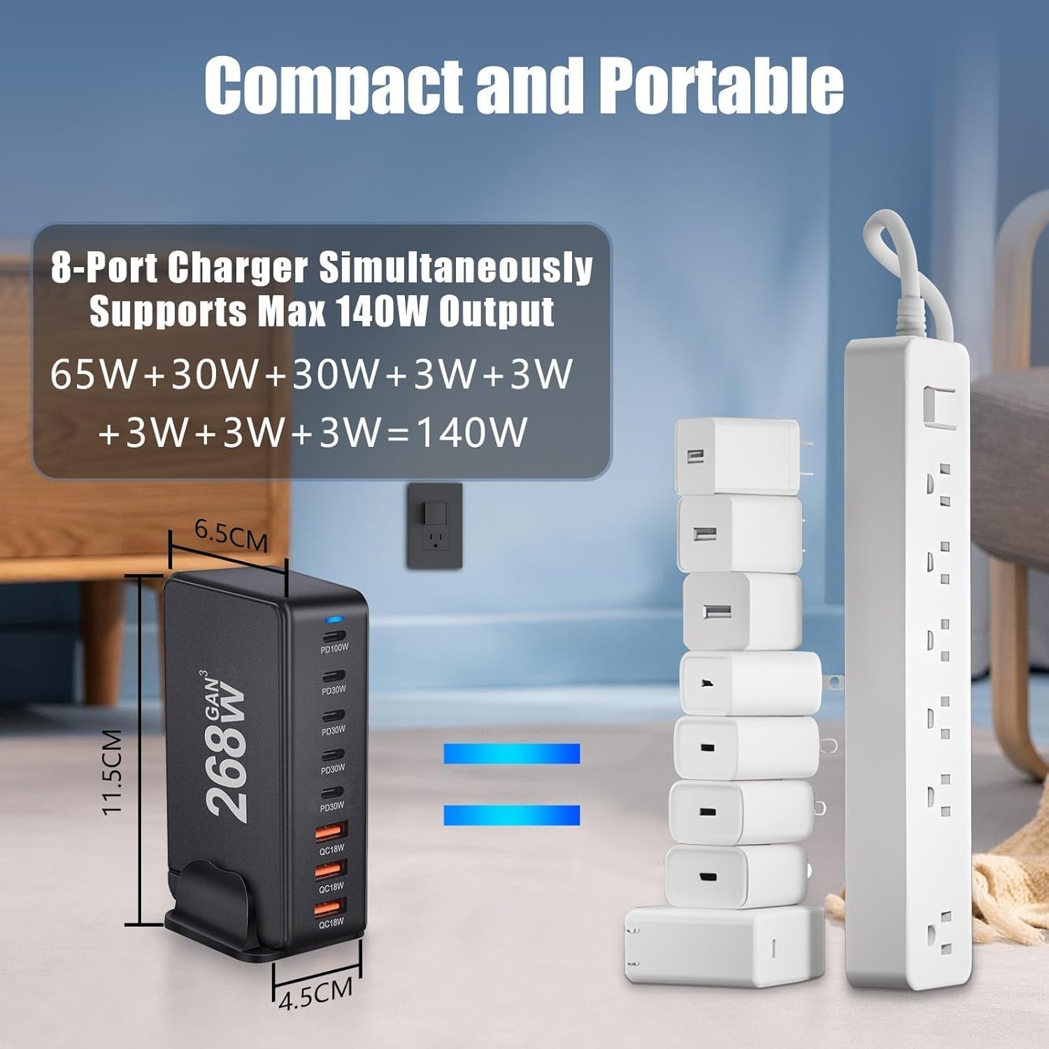 268W USB C Charger Station, 8-Port Power Bank Adapter, PD 100W USB C Charger - Image 2