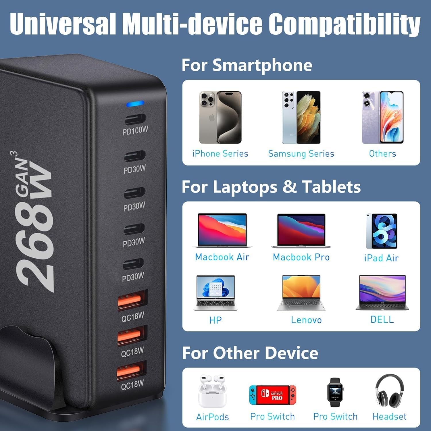 268W USB C Charger Station, 8-Port Power Bank Adapter, PD 100W USB C Charger - Image 3
