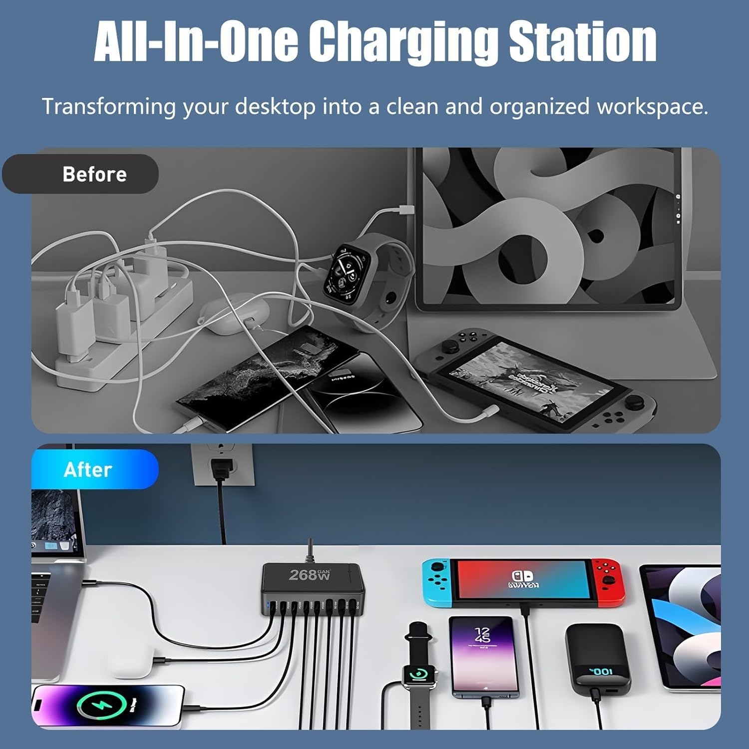 268W USB C Charger Station, 8-Port Power Bank Adapter, PD 100W USB C Charger - Image 4