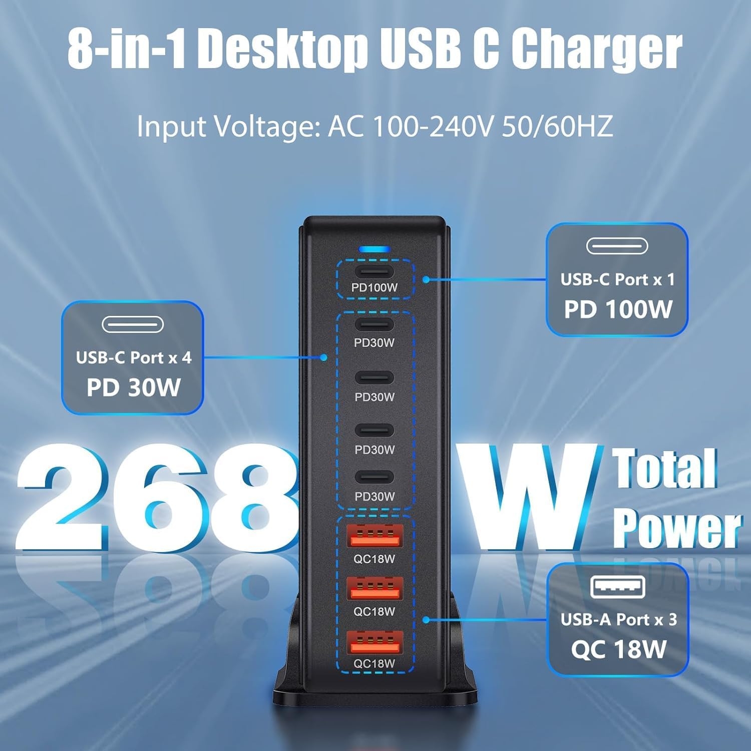 268W USB C Charger Station, 8-Port Power Bank Adapter, PD 100W USB C Charger - Image 7