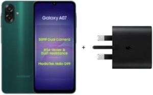 Samsung Galaxy A07 LTE International Version Smartphone – 256GB Storage, 8GB RAM, Dual SIM, 6nm Processor, Large Display, 6 OS Upgrades, Green (With Adapter)